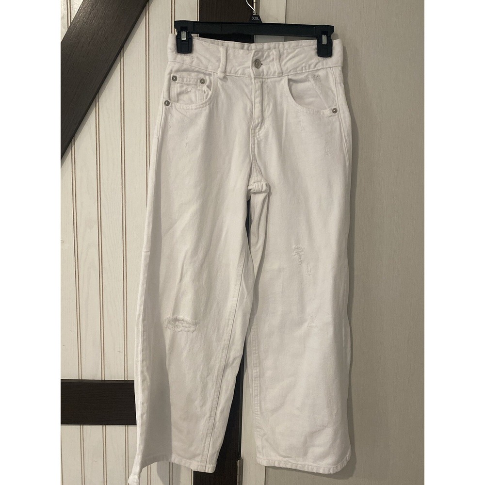 Zara Pants Hi Rise Wide Leg Crop white Size 11-12 Distressed